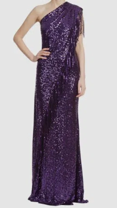 Pre-owned Badgley Mischka $992  Womens Purple Sequin One-shoulder Fringed Gown Dress Size 2