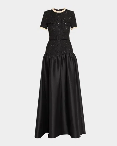 Badgley Mischka A-line Sequin Tweed & Mikado Gown In Black