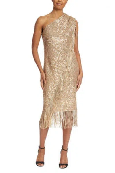 Pre-owned Badgley Mischka Asymmetrical One Shoulder Sequin Fringe Cocktail Dress In Gold