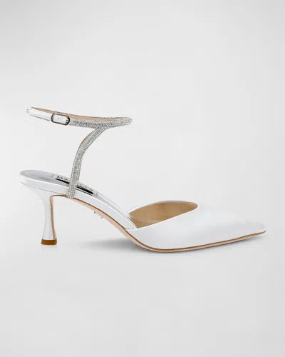 Badgley Mischka Autumn Silk Strass Ankle-strap Pumps In White