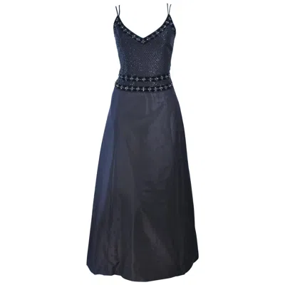 Pre-owned Badgley Mischka Badley Mischka Black Satin Beaded Gown With Rhinestone Accents Size 4