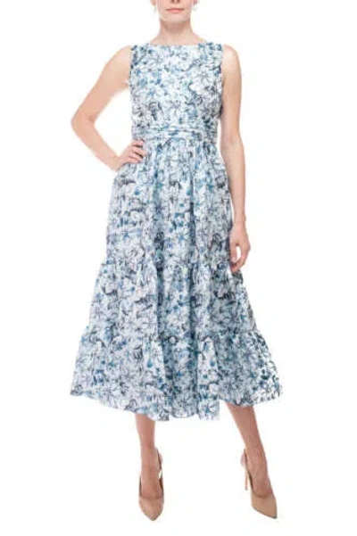 Pre-owned Badgley Mischka Bateau Neck Sleeveless Cutout Back Ruffled Hem A-line Floral In Blue Multi