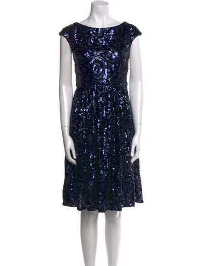 Pre-owned Badgley Mischka Bateau Neckline Knee-length Dress In Blue