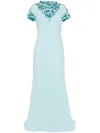 Badgley Mischka Embellished Funnel Neck Column Gown In Blau