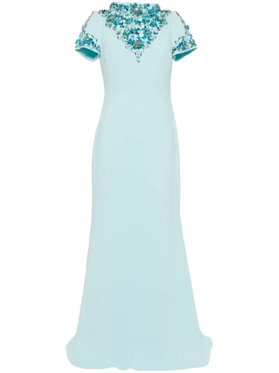 Badgley Mischka Embellished Funnel Neck Column Gown In Blau