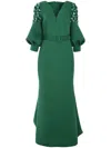 Badgley Mischka Collection Embellished Short Sleeve Mermaid Gown In Green