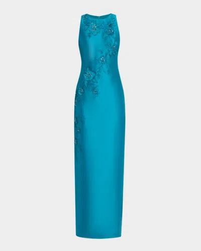 Badgley Mischka Beaded Floral Applique Column Gown In Blue