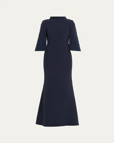 Badgley Mischka Beaded Funnel-neck Crepe Trumpet Gown In Blue