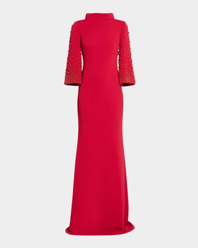 Badgley Mischka Beaded Funnel-neck Crepe Trumpet Gown In Multi