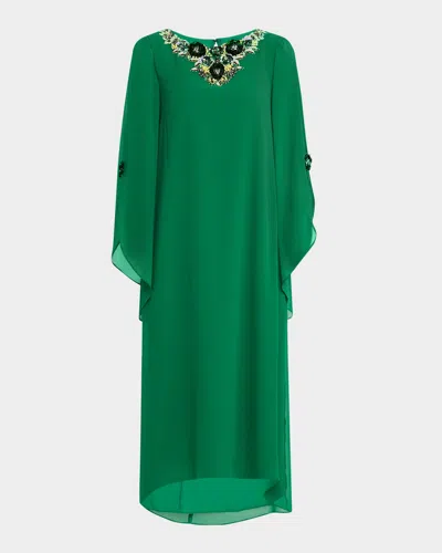 Badgley Mischka Beaded High-low Gerogette Caftan Midi Dress In Emerald