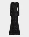 Badgley Mischka Beaded Ribbon Lace Trumpet Gown In Black