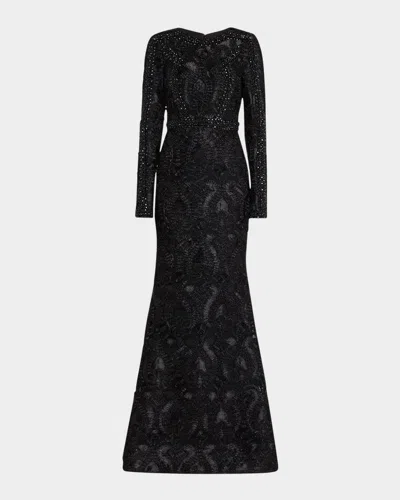 Badgley Mischka Beaded Ribbon Lace Trumpet Gown In Black