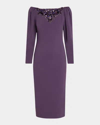 Badgley Mischka Beaded-yoke Midi Sheath Dress In Purple