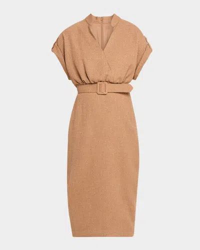 Badgley Mischka Belted Bodycon Tweed Midi Dress In Brown
