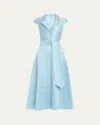 Badgley Mischka Belted Cap-sleeve Pique Midi Shirtdress In Hydra Blue