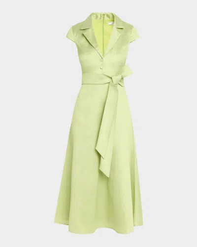 Badgley Mischka Belted Cap-sleeve Pebble Gazar Midi Shirtdress In Green