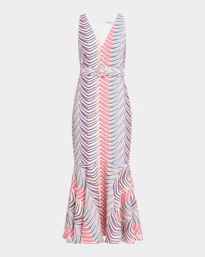 Badgley Mischka Belted Chevron-print Mermaid Midi Dress In Multi