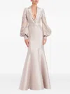 Badgley Mischka Collection Plunge Neck Beaded Long Sleeve Trumpet Gown