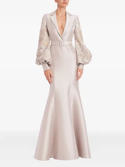 BADGLEY MISCHKA BELTED EMBELLISHED BALLOON SLEEVES MAXI DRESS