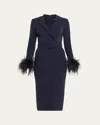 Badgley Mischka Belted Feather-cuff Midi Sheath Dress In Blue
