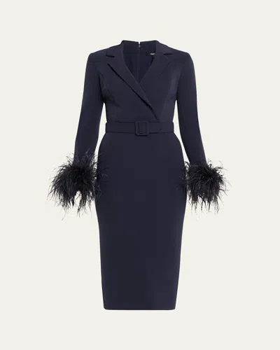 Badgley Mischka Belted Feather-cuff Midi Sheath Dress In Blue
