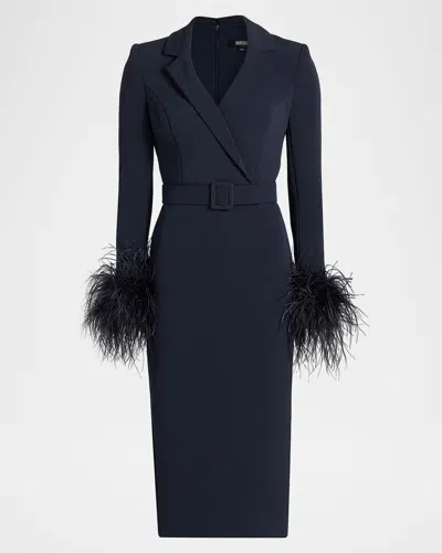 Badgley Mischka Belted Feather-cuff Midi Sheath Dress In Animal Print