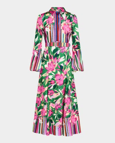 Badgley Mischka Belted Floral & Stripe-print Maxi Shirtdress In Emerald Multi