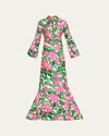 Badgley Mischka Belted Floral-print Mikado Shirt Gown In Emerald Multi