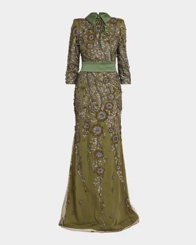 Badgley Mischka Belted Floral-embroidered Gown In Green