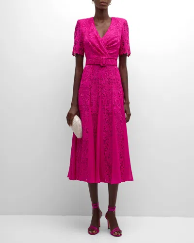 Badgley Mischka Belted Lace Godet Midi Dress In Pink