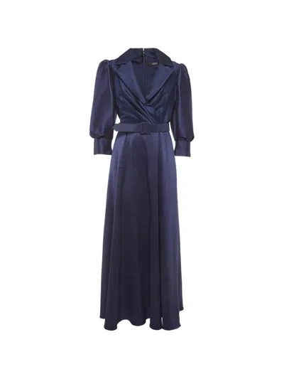Pre-owned Badgley Mischka Belted Puff-sleeve Maxi Gown In Blue
