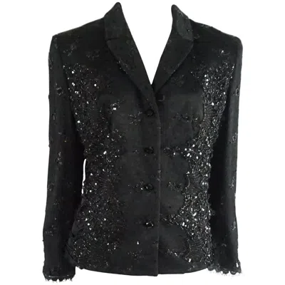 Pre-owned Badgley Mischka Black Lace And Rhinestone Jacket With Lace Up Sides - 12