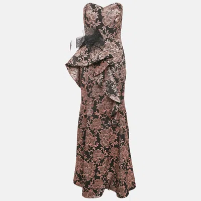 Pre-owned Badgley Mischka Black/metallic Floral Jacquard Ruffled Strapless Gown M