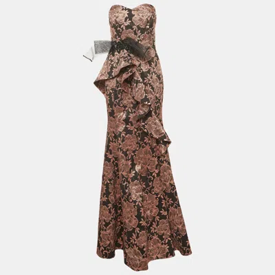 Pre-owned Badgley Mischka Black/pink Floral Jacquard Ruffled Strapless Gown L