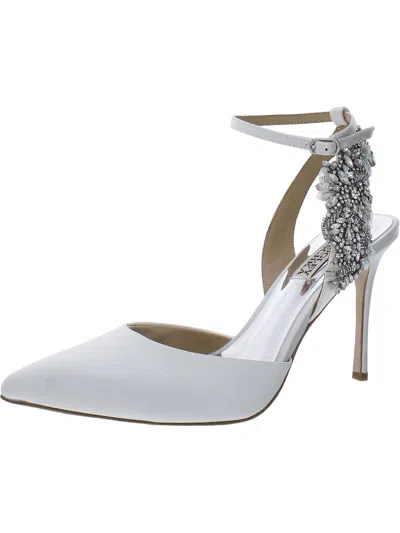 Badgley Mischka Blanca Satin Crystal Ankle-strap High-heel Pumps In White