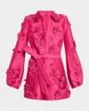 Badgley Mischka Blouson-sleeve Floral Applique Romper In Hot Fuschia