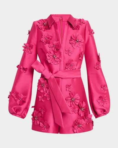 Badgley Mischka Blouson-sleeve Floral Applique Romper In Hot Fuschia
