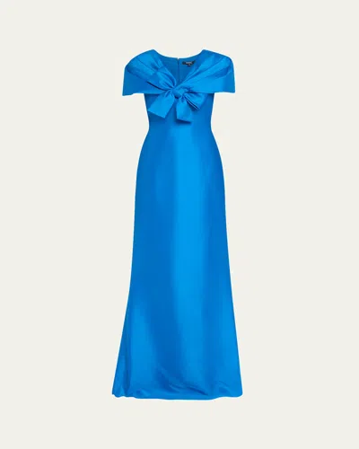 Badgley Mischka Bow-front Shawl Trumpet Gown In Cobalt