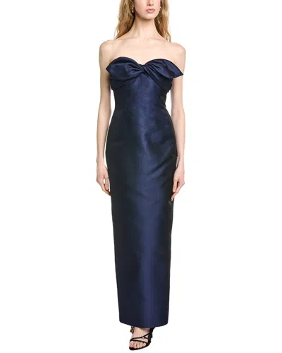 Badgley Mischka Strapless Bow-detailed Jacquard Gown In Blue