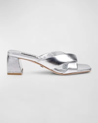 BADGLEY MISCHKA BRIELLA METALLIC BLOCK-HEEL MULE SANDALS