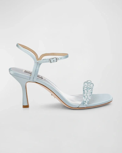 Badgley Mischka Caitlyn Pearly Satin Ankle-strap Sandals In Mist