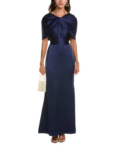 Badgley Mischka Cape Sash Gown In Blue
