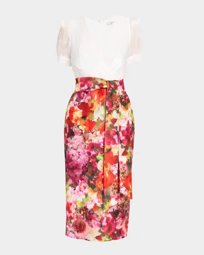Badgley Mischka Chiffon And Floral-print Mikado Midi Sheath Dress In Multi