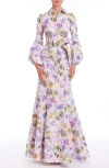 Badgley Mischka Collection Abstract Floral Long Sleeve Taffeta Mermaid Gown In Lilac Multi