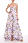 Badgley Mischka Collection Abstract Floral Strapless High-low Taffeta Gown In Multi