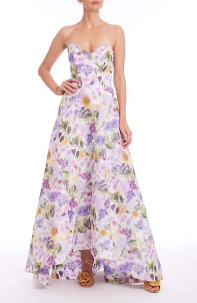 Badgley Mischka Collection Abstract Floral Strapless High-low Taffeta Gown In Multi
