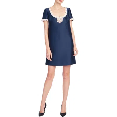 Badgley Mischka Collection Bow Detail Crystal Trim Babydoll Dress In Blue