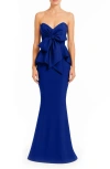 Badgley Mischka Collection Bow Detail Strapless Peplum Mermaid Gown In Blue