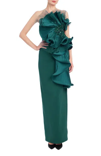 Badgley Mischka Collection Cascading Ruffle Strapless Gown In Green