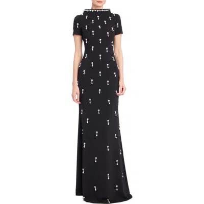 Badgley Mischka Collection Embellished Mock Neck Stretch Crepe Gown In Black